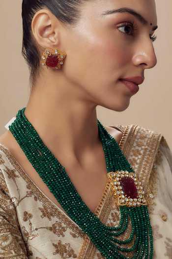 Vivinia By Vidhi Mehra_Gold Plated Zari Green Kundan Polki Necklace And Earring Set _at_Aza_Fashions