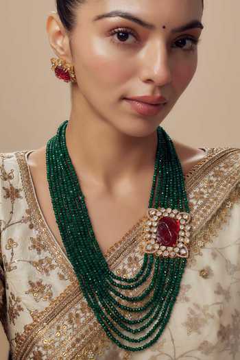 Buy_Vivinia By Vidhi Mehra_Gold Plated Zari Green Kundan Polki Necklace And Earring Set 