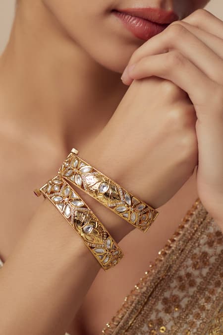 Buy_Vivinia By Vidhi Mehra_Gold Plated Imitation Diamonds Kundan Polki Designer Bangles _Online_at_Aza_Fashions