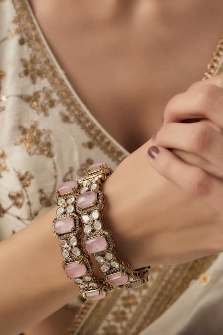 Shop Vivinia By Vidhi Mehra Gold Plated Zari And Pink Zircon Designer Bangles Online at Aza Fashions Shop_Vivinia By Vidhi Mehra_Gold Plated Zari And Pink Zircon Designer Bangles _Online_at_Aza_Fashions