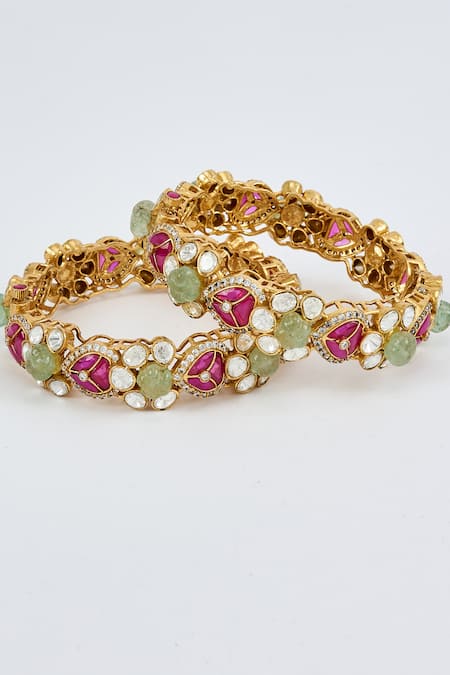 Shop_Vivinia By Vidhi Mehra_Gold Plated Imitation Diamonds Kundan Polki Designer Bangles _Online_at_Aza_Fashions