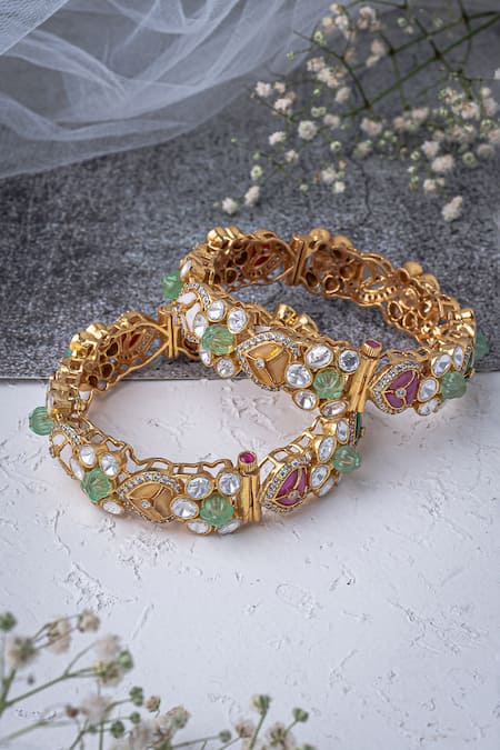 Vivinia By Vidhi Mehra_Gold Plated Imitation Diamonds Kundan Polki Designer Bangles _at_Aza_Fashions