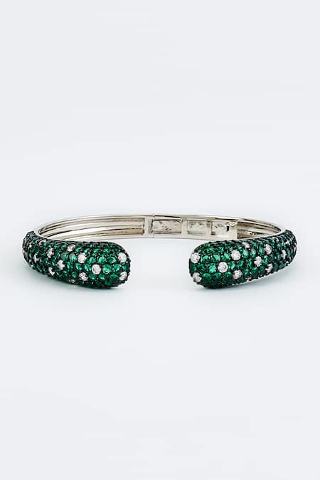 Buy_Vivinia By Vidhi Mehra_Silver Plated Zari Zircon Embellished Green Bangle _Online_at_Aza_Fashions
