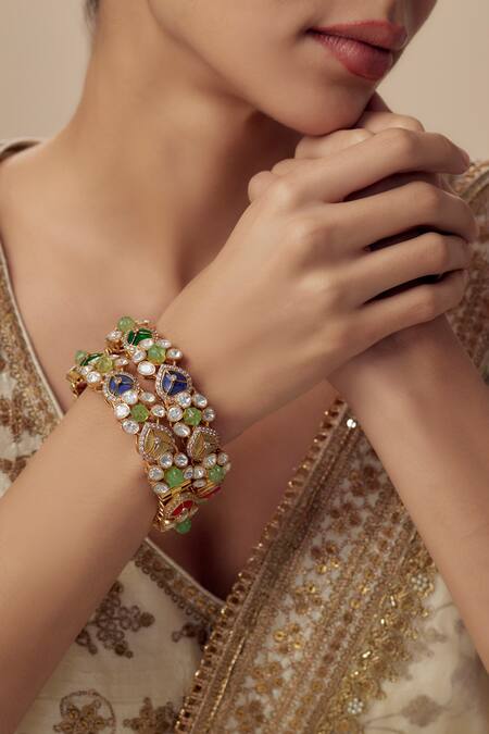 Vivinia By Vidhi Mehra Gold Plated Imitation Diamonds Multi Stone Embellished Bangles Online at Aza Fashions Vivinia By Vidhi Mehra_Gold Plated Imitation Diamonds Multi Stone Embellished Bangles _Online_at_Aza_Fashions