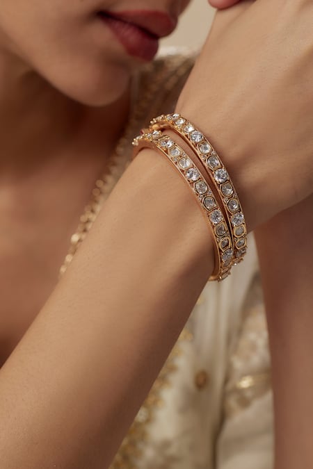 Buy_Vivinia By Vidhi Mehra_Gold Plated Imitation Diamonds Designer Kundan Polki Bangles _Online_at_Aza_Fashions