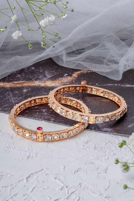 Shop_Vivinia By Vidhi Mehra_Gold Plated Imitation Diamonds Designer Kundan Polki Bangles _at_Aza_Fashions