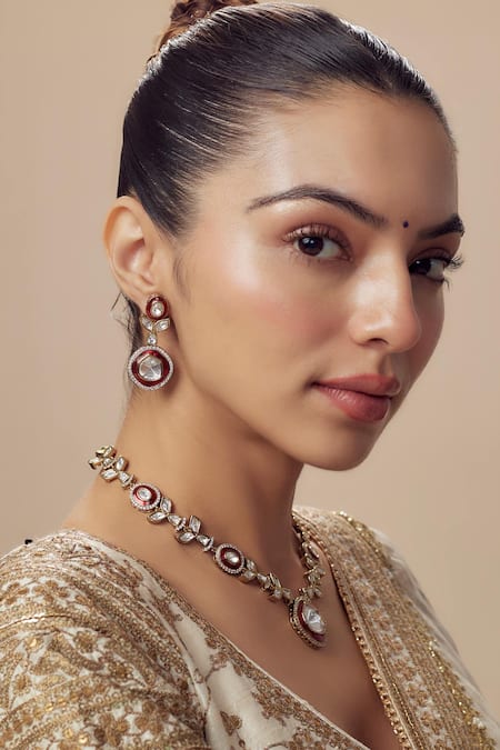 Shop_Vivinia By Vidhi Mehra_Gold Plated Kundan Polki Necklace And Earring Set _Online_at_Aza_Fashions