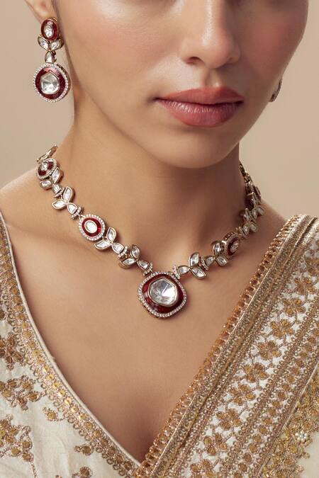 Buy_Vivinia By Vidhi Mehra_Gold Plated Kundan Polki Necklace And Earring Set 