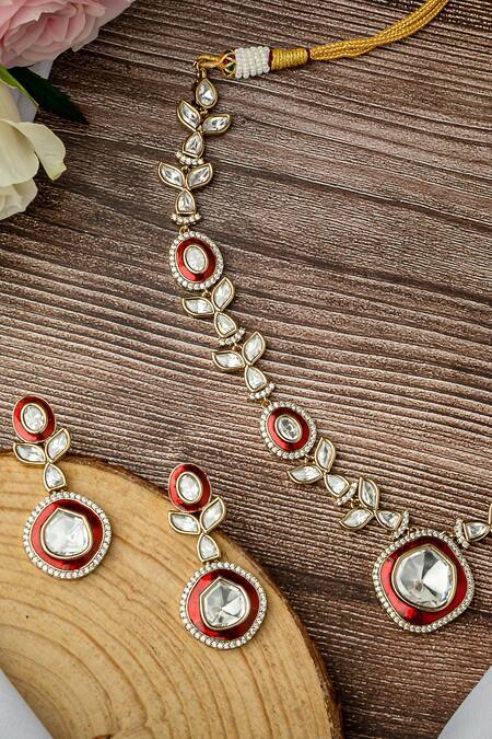 Shop_Vivinia By Vidhi Mehra_Gold Plated Kundan Polki Necklace And Earring Set 
