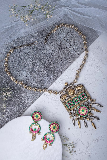 Vivinia By Vidhi Mehra_Multi Color Kundan Polki Necklace And Earring Set _at_Aza_Fashions