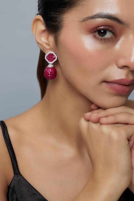 Shop_Vivinia By Vidhi Mehra_Silver Plated Zari Designer Zircon Embellished Danglers _Online_at_Aza_Fashions