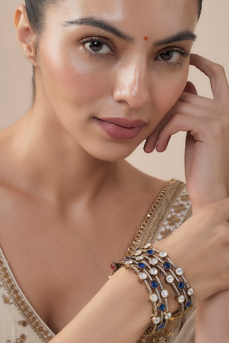 VIVINIA by Vidhi Mehra Gold & Blue Kundan Polki Bangles 
