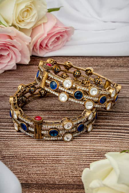 Vivinia By Vidhi Mehra Gold & Blue Kundan Polki Bangles