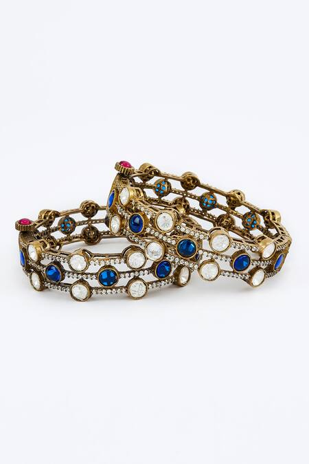 Shop Vivinia By Vidhi Mehra Gold Plated Imitation Diamonds And Blue Kundan Polki Bangles Online at Aza Fashions Shop_Vivinia By Vidhi Mehra_Gold Plated Imitation Diamonds And Blue Kundan Polki Bangles _Online_at_Aza_Fashions