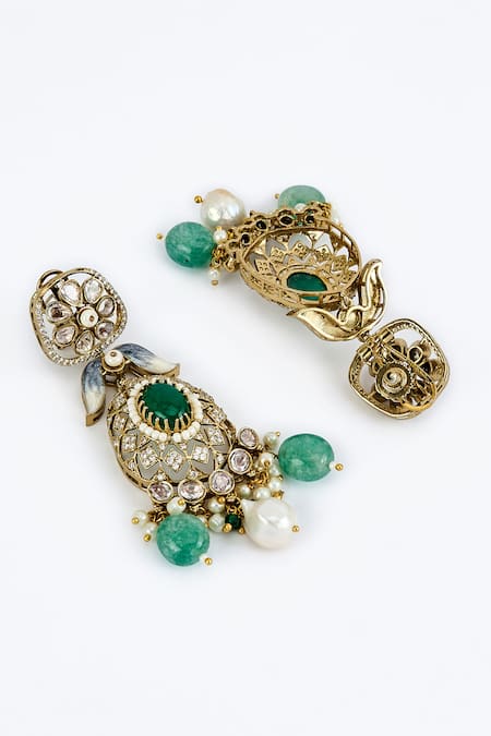 Vivinia By Vidhi Mehra_Gold Plated Imitation Diamonds And Green Kundan Polki Jewellery Set _Online_at_Aza_Fashions