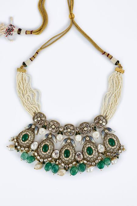 Shop_Vivinia By Vidhi Mehra_Gold Plated Imitation Diamonds And Green Kundan Polki Jewellery Set _Online_at_Aza_Fashions