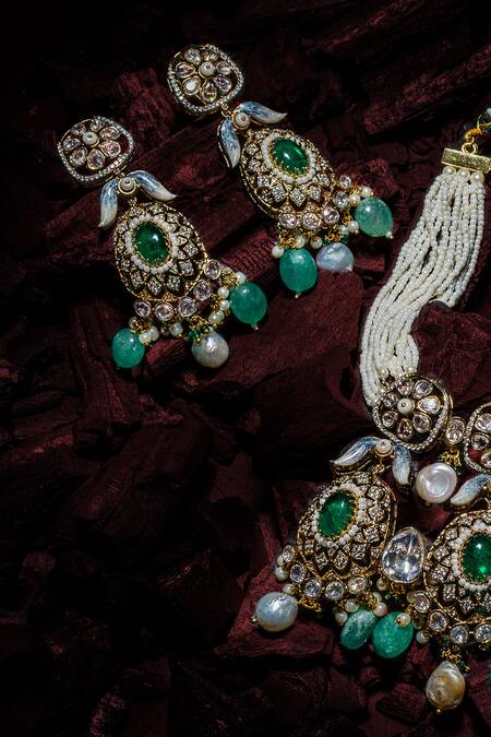 Vivinia By Vidhi Mehra_Gold Plated Imitation Diamonds And Green Kundan Polki Jewellery Set _at_Aza_Fashions