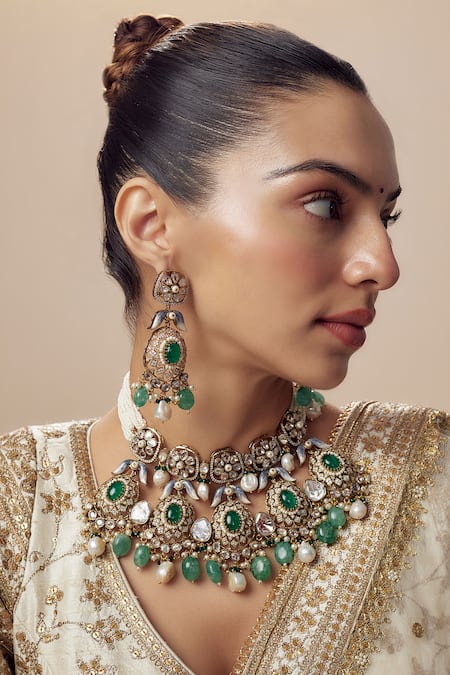 Shop_Vivinia By Vidhi Mehra_Gold Plated Imitation Diamonds And Green Kundan Polki Jewellery Set 