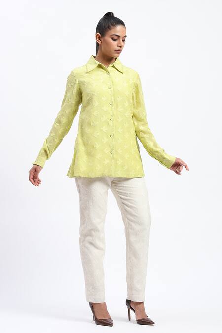 Abraham And Thakore_Green Chanderi Cut Work Collared Bird Shirt _at_Aza_Fashions