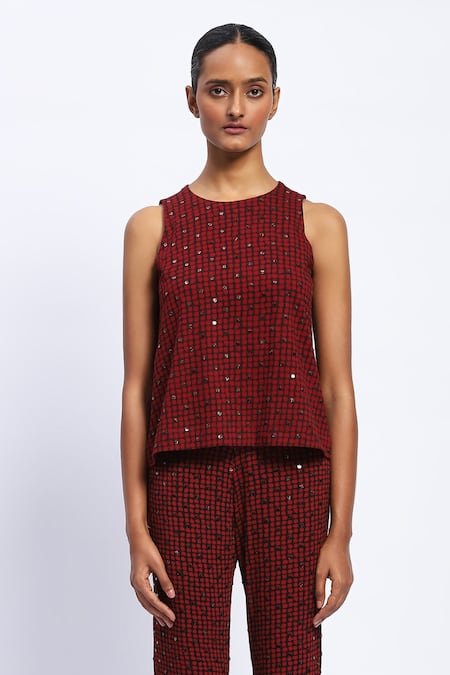 ABRAHAM AND THAKORE Burgundy Embellished Dot Print Top 