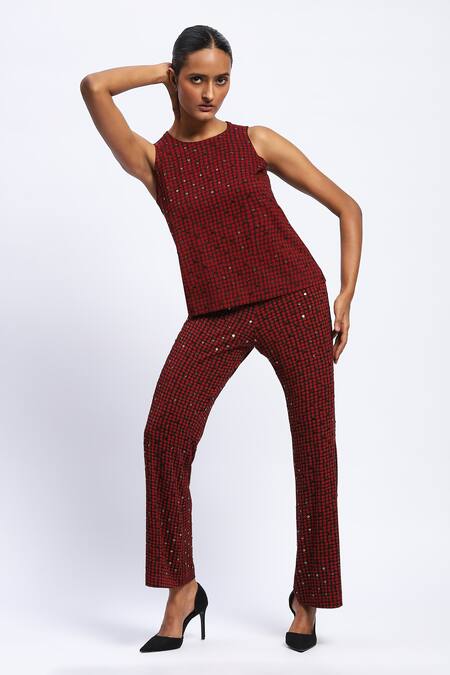 Abraham And Thakore_Burgundy Viscose Round Neck Embellished Dot Print Top _at_Aza_Fashions