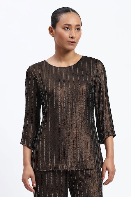 ABRAHAM AND THAKORE Gold Foil Beaded Top 