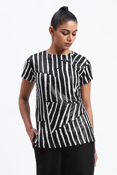 ABRAHAM AND THAKORE Black Broken Stripes Georgette Top 