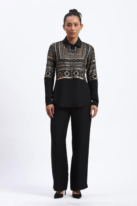 Abraham And Thakore_Black Crepe Zari Collared Tribal Embroidery Shirt _at_Aza_Fashions