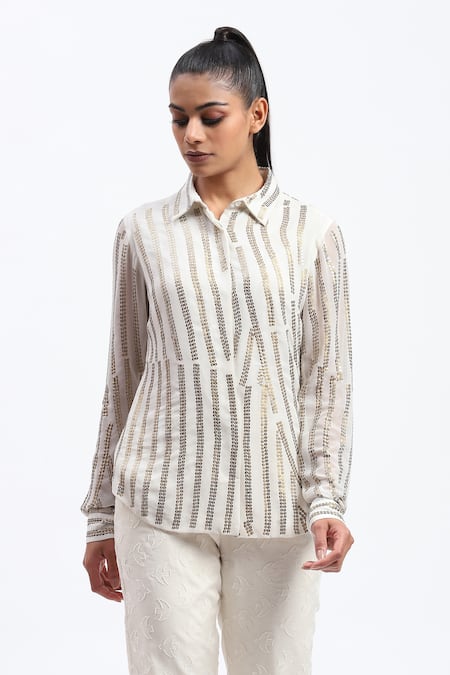 ABRAHAM AND THAKORE Broken Stripes Sequins Shirt 
