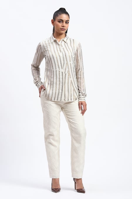 Abraham And Thakore_White Georgette Sequins Collared Broken Stripes Shirt _at_Aza_Fashions