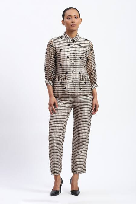 Abraham And Thakore_Multi Color Chanderi Applique Collared Neutral Maheshwar Shirt _Online_at_Aza_Fashions