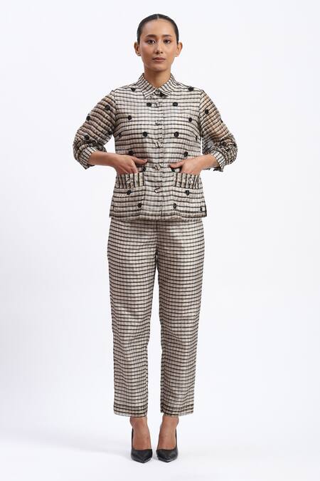 Abraham And Thakore_Multi Color Chanderi Applique Collared Neutral Maheshwar Shirt _at_Aza_Fashions