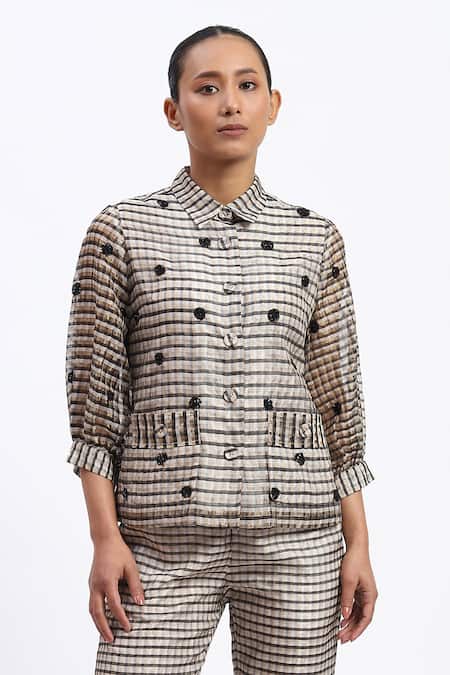 ABRAHAM AND THAKORE Neutral Maheshwar Chanderi Shirt 