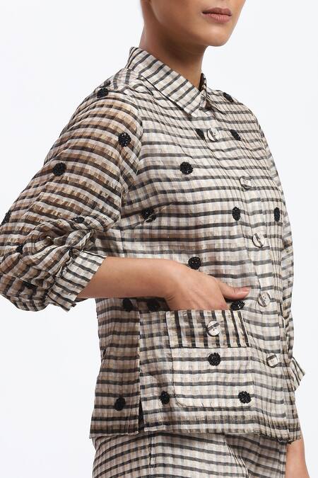 Buy_Abraham And Thakore_Multi Color Chanderi Applique Collared Neutral Maheshwar Shirt 