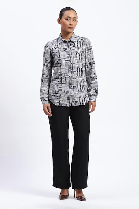 Abraham And Thakore Gray Linen Collared Handpainted Checks Shirt at Aza Fashions Abraham And Thakore_Gray Linen Collared Handpainted Checks Shirt _at_Aza_Fashions