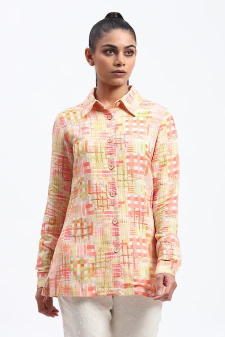 ABRAHAM AND THAKORE Handpainted Checks Linen Blend Shirt 