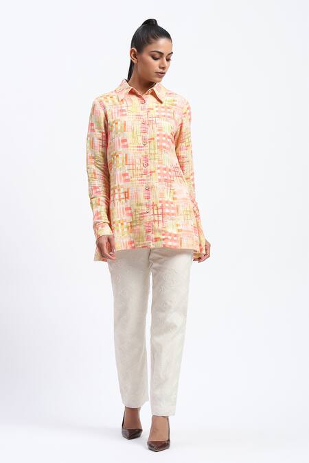 Abraham And Thakore_Multi Color Linen Collared Handpainted Checks Blend Shirt _at_Aza_Fashions