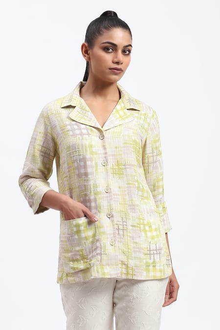 ABRAHAM AND THAKORE Handpainted Checks Linen Blend Shirt 