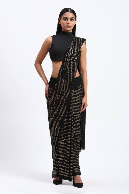 Abraham And Thakore_Black Georgette Sequins Broken Stripes Saree_Online_at_Aza_Fashions