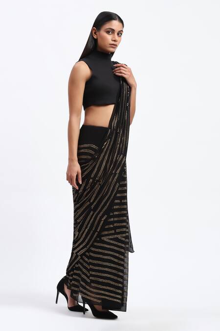 Shop_Abraham And Thakore_Black Georgette Sequins Broken Stripes Saree_Online_at_Aza_Fashions
