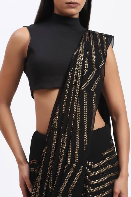 Abraham And Thakore_Black Georgette Sequins Broken Stripes Saree_at_Aza_Fashions