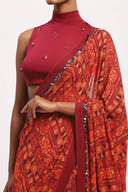 Buy_Abraham And Thakore_Multi Color Silk Sequins Rabari Printed Saree_Online_at_Aza_Fashions