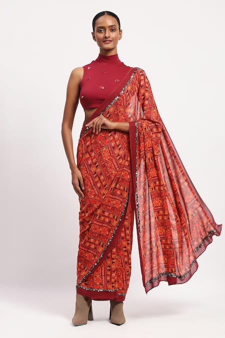 ABRAHAM AND THAKORE Rabari Silk Printed Saree 