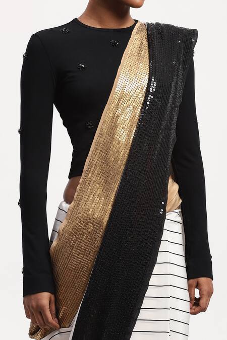 Buy_Abraham And Thakore_White Viscose Sequins Solid Stripes Designer Saree_Online_at_Aza_Fashions