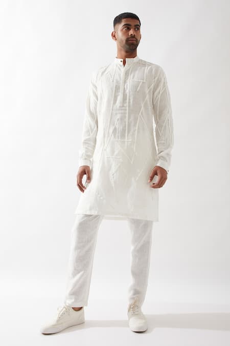 Son of A Noble Snob White Linen Applique Kurta Set 