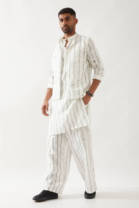 Son Of A Noble Snob White Linen Embroidery, Applique Madox Vine Bundi Kurta Set Online at Aza Fashions Son Of A Noble Snob_White Linen Embroidery, Applique Madox Vine Bundi Kurta Set _Online_at_Aza_Fashions