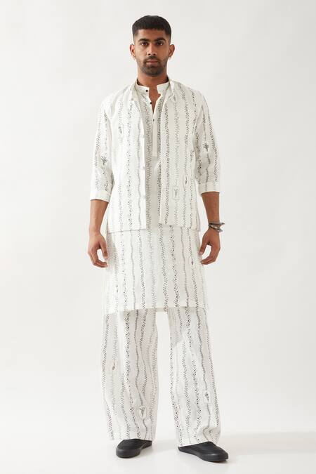 Shop Son Of A Noble Snob White Linen Embroidery, Applique Madox Vine Bundi Kurta Set Online at Aza Fashions Shop_Son Of A Noble Snob_White Linen Embroidery, Applique Madox Vine Bundi Kurta Set _Online_at_Aza_Fashions
