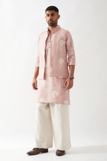 Son Of A Noble Snob_Pink Linen Embroidery Madox Farm Bundi Kurta Set _Online_at_Aza_Fashions