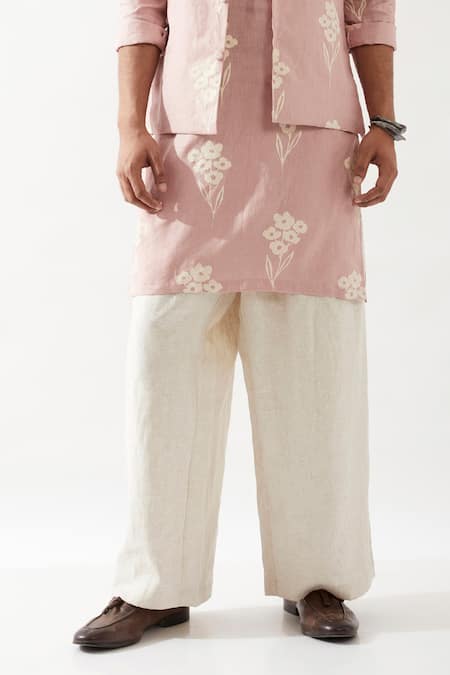 Shop_Son Of A Noble Snob_Pink Linen Embroidery Madox Farm Bundi Kurta Set _Online_at_Aza_Fashions