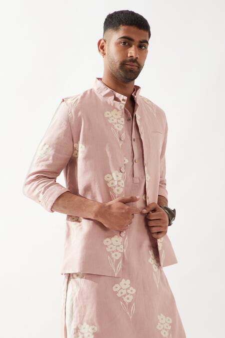 Son Of A Noble Snob_Pink Linen Embroidery Madox Farm Bundi Kurta Set _at_Aza_Fashions